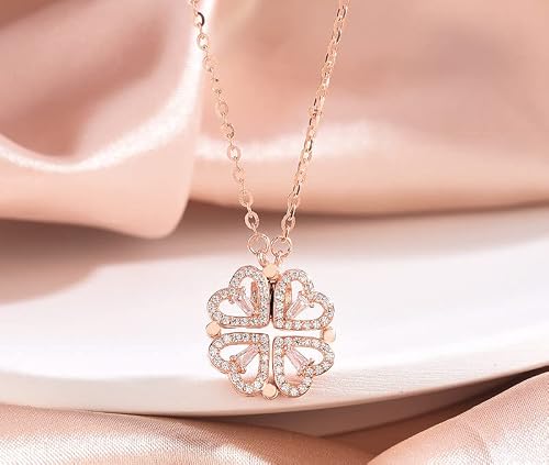 Image of HPKJUYDS Lucky Heart Sterling Silver 2-in-1 Wearing Lucky Four Leaf Clover Heart Shape Necklace, Dainty Charm Clavicle Chain Pendant Gift for Women Girl (Rose Gold)