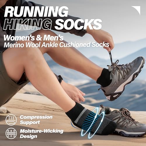 Image of 6 Pairs Merino Wool Ankle Running Hiking Socks Compression Support Breathable Thick Cushion No Show Socks for Women Men