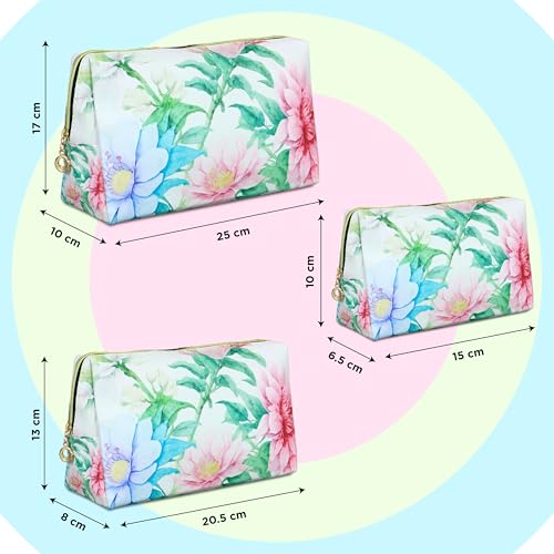 Image of NFI essentials Set of 3 Printed Cosmetic Pouch for Women, Stylish Pouches for Makeup Accessories Travel Pouch, Makeup Pouch, Vanity Case, Jewellery Pouch, Toiletry Make up Bag