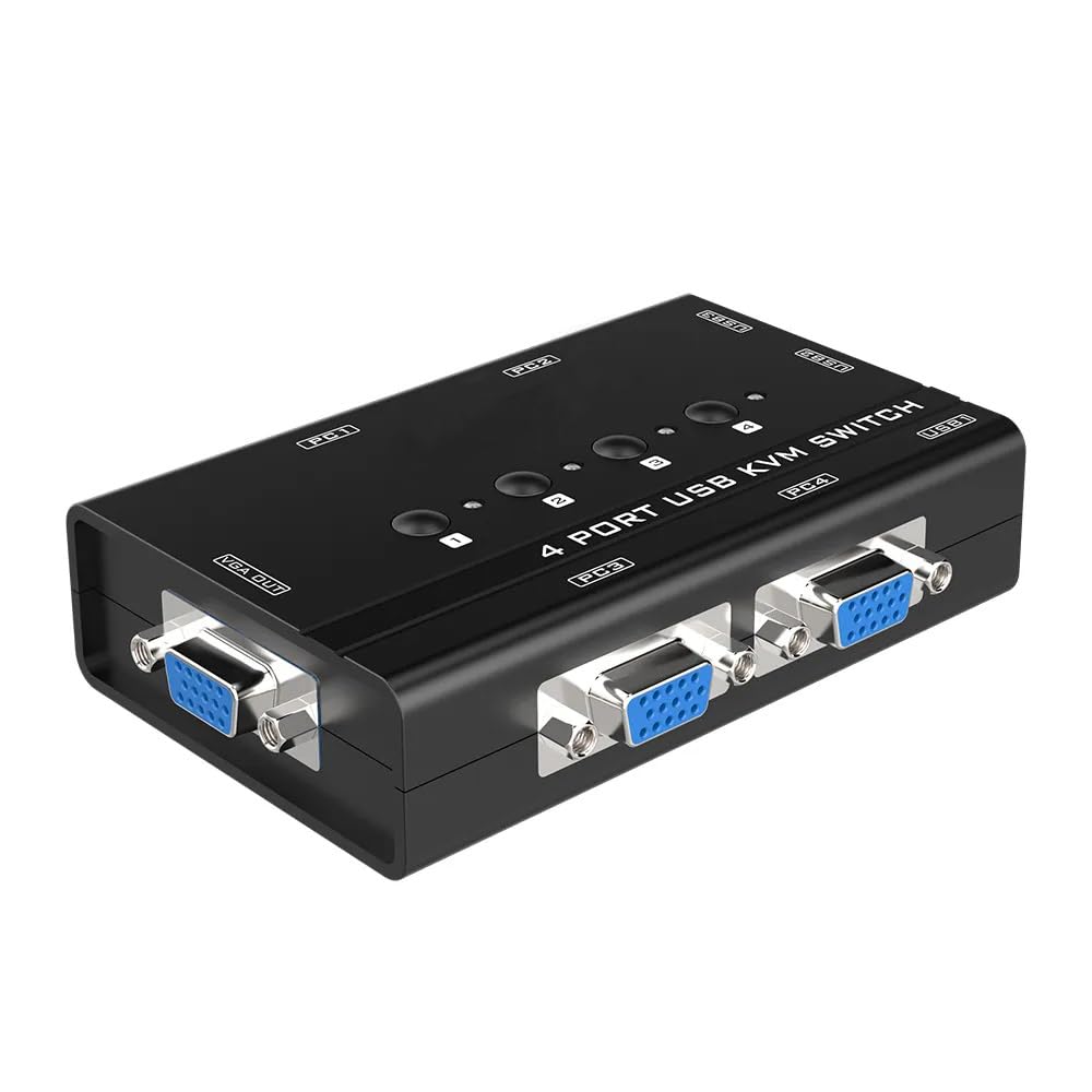 KALEA-INFORMATIQUE KVM Sharing Box Switch für 4 PCs. VGA-Bildschirm, USB-Tastatur und -Maus, mit mitgelieferten KVM-Kabeln.