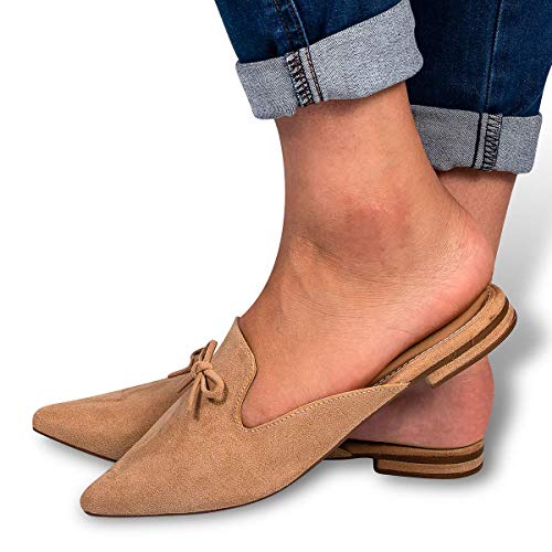 Mule Feminino Sapatilha Rasteirinha Bico Fino Camurça Moda Tamanho:35;Cor:Bege