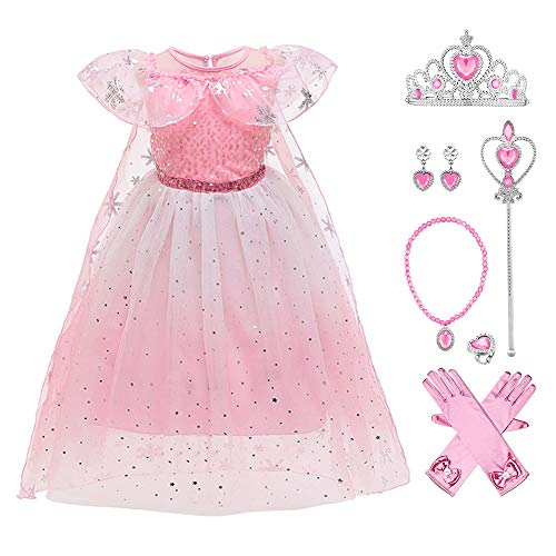IWEMEK Déguisement Princesse Elsa Robe Fille Reine des Neiges Robe à Sequins en Tulle coloré Costume avec Cape + Accessoires Enfants Carnaval Halloween Noël Fête d'anniversaire Rose 3-4 Ans Cover