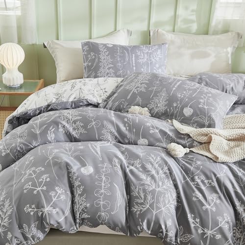 Herside Gray Plants Duvet Cover Set King Floral Bedding Light Grey White Plants Branches Reversible Design Pastoral Style Bedding Set 1 Duvet Cover 2 Pillowcases (Light Grey - Image 3