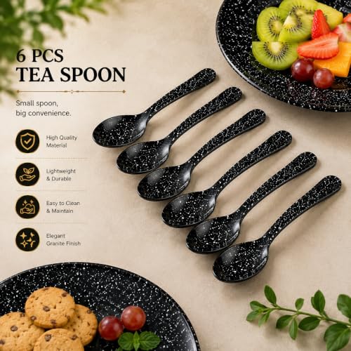 Image of Melvio By Malti Black Granite 6 Piece Tea Spoon | Melamine Dinnerware Set, Premium Dinner Set Crockery Plates Bowls Tableware for Home Dining Kitchen