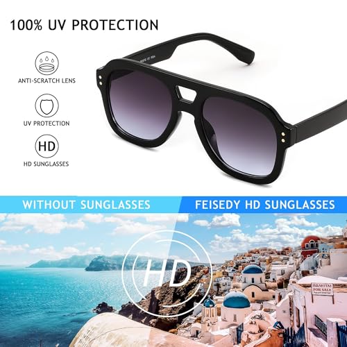 Image of FEISEDY Vintage Aviator Sunglasses Double Bridge Women Men Large Square Thick Frame Trendy Eyewear UV400 B2846