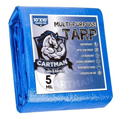 CARTMAN Finished Size 10x10 Feet Blue Poly Tarp 5 Mil Thick, Multipurpose Protective Cover for Camping, Tent, Boat, RV, Car