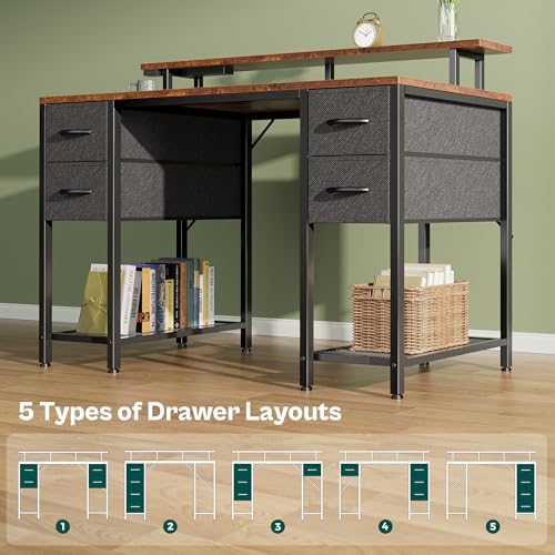 Image of Huuger 47 inch Computer Desk with 4 Drawers, Gaming Desk with LED Lights & Power Outlets, Home Office Desk with Large Storage Space for Bedroom, Work from Home, Rustic Brown and Black