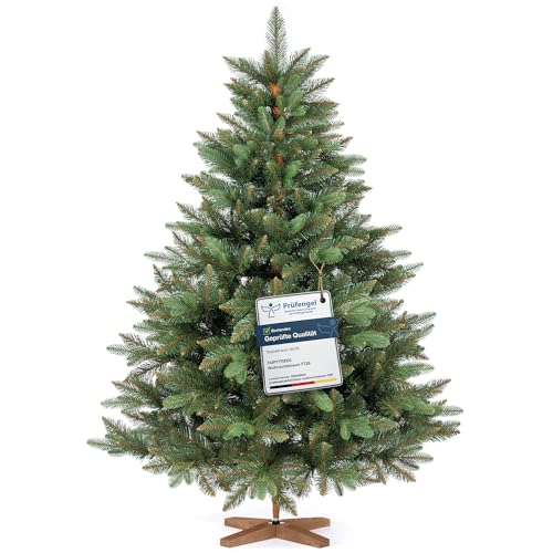 FAIRYTREES Weihnachtsbaum künstlich, Nordmanntanne Premium 150 cm, Naturgetreue Spritzguss Elemente, Made in EU, Künstlicher Weihnachtsbaum mit handgefertigtem Ständer aus Eschenholz