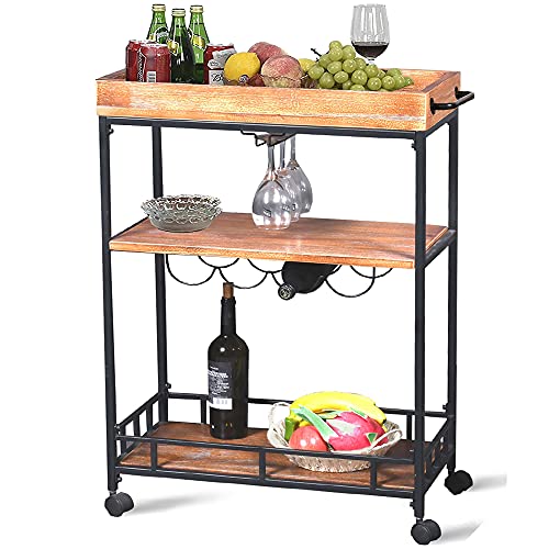 Diwhy Industrieller 3-stöckiger Rollwagen für Wein und Getränke, Holz und Metall, Weinregal mit Rädern, Kicthen Bar, Esszimmer, Tee, Wein, integriertes Glasregal und Weinregal, erhöhtes Weinkarren Cover