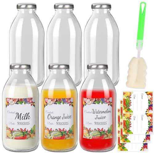 16 oz Glass Milk Bottles with Lids, 6 Pack Reusable Juice Bottle, Drinking Jars Container for Homemade Juicing, Smoothies, Shakes, Honey, Yogurt, Vinegar