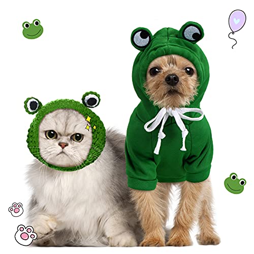 Hillban 2 Pieces Pet Clothes Dogs Hooded Sweatshirt and Cute Frog Shape Pet Hat Dog Warm Coat Sweater Cold Weather Pet Halloween Costume for Puppy Kitten Small Medium Dog (Medium)
