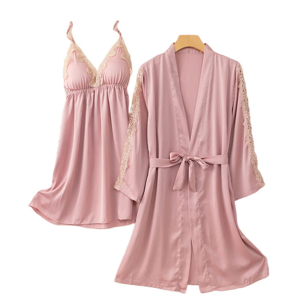 Pigiami Donna,2 Pezzi Set Accappatoio In Raso Con Scollo A V Sexy Cuciture Floreali In Pizzo Vestaglia Camicia Da Notte Set Kimono Con Lacci Abito Pigiama Elegante Vestaglia Sposa Bademantel Damen,P