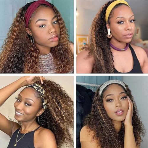 Image of Ombre Headband Wig Human Hair Deep Wave 4 /27 Highlight Glueless Wigs 26Inch | None Lace Front Curly Half Wigs for Black Women,Brazilian Virgin Hair Wear and Go Wig,Machine Made,150% Density