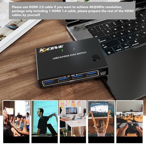 Image of KVM HDMI Switch 2 Ports, USB 3.0 KVM Switcher Support 4K@60Hz Resolution For 2 Computers Share Mouse Keyboard And Monitor