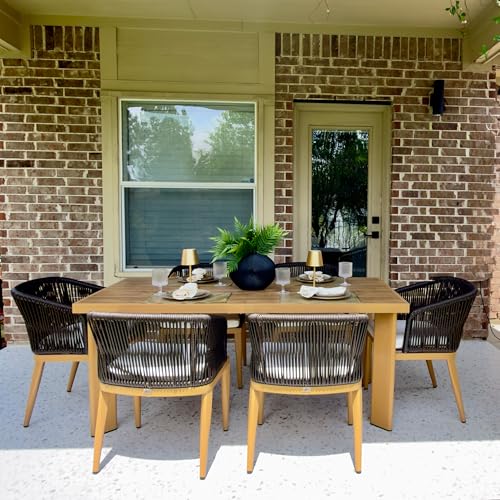 Image of PURPLE LEAF Outdoor Dining Set for 6 with Sunbrella Cushion Chairs Teak