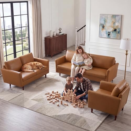 Image of Kingfun 3 Piece Living Room Furniture Sets, 3 Seater Couch, Loveseat and Armchair, Faux Leather Couch Set, Mid Century Modern Sofa Set with Solid Wood Frame for Living Room, Office, Mid Brown
