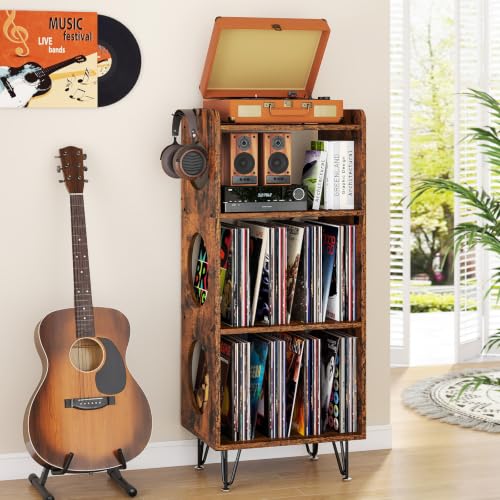4 Etagen Plattenspieler-Ständer Vintage Beistelltisch Plattenspieler Regal mit Schallplattenaufbewahrung Holz Vinyl Schallplattenständer Vinyl Holder Fasst 300+ Alben für Wohnzimmer Schlafzimmer Büro