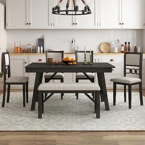6-Piece Dining Table Set, Solid Wood Rectangular Table with 4 Upholstered Chairs and 1 Bench, Farmhouse Style Kitchen Table Set for 6 Persons, Espresso, 59.6-Inch - Thumbnail 2
