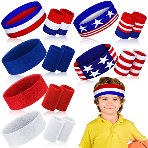 Image of Hungdao 6 Set Kid Sports Sweatband Red White Blue Athletic Sweat Band American Flag Headband Wristband Set Absorbing Head Band for Girl Boy Women Men Sports Basketball Workout