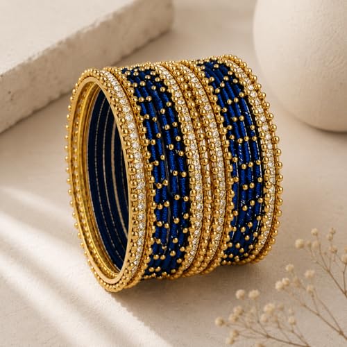 Image of NMII Non-Precious Metal with Base Metal and Zircon Gemstone Studded Ball Chain Linked Glossy Finished Silk thread Bangle set for Women and Girls