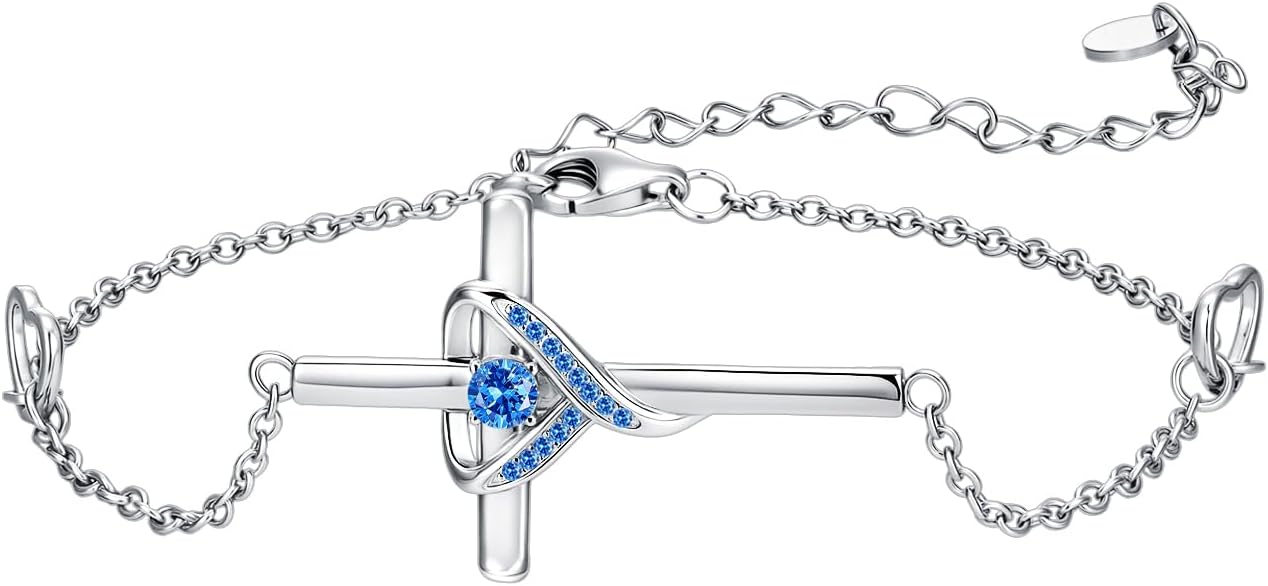 Cross Birthstone Bracelets for Women 925 Sterling Silver Link Birthstone Bracelet Charm Adjustable Cross Heart Birth Stone Jewelry Gifts for Her