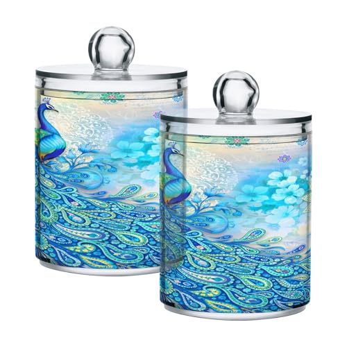Mnsruu 2 Pack Qtip Holder Organizer Dispenser Peacock Bathroom Storage Canister Cotton Ball Holder Bathroom Containers for Cotton Swabs/Pads/Floss