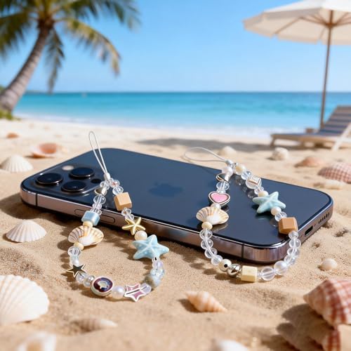 2 Pcs Phone Charm Strap Universal Hand Phone Wrist Strap Camera Lanyard Pearl Beaded Cute Chain String Accessories Universal for iPhone 16 Pro Max Samsung Women Girls Phones Bag Keychain Beach Style - 4