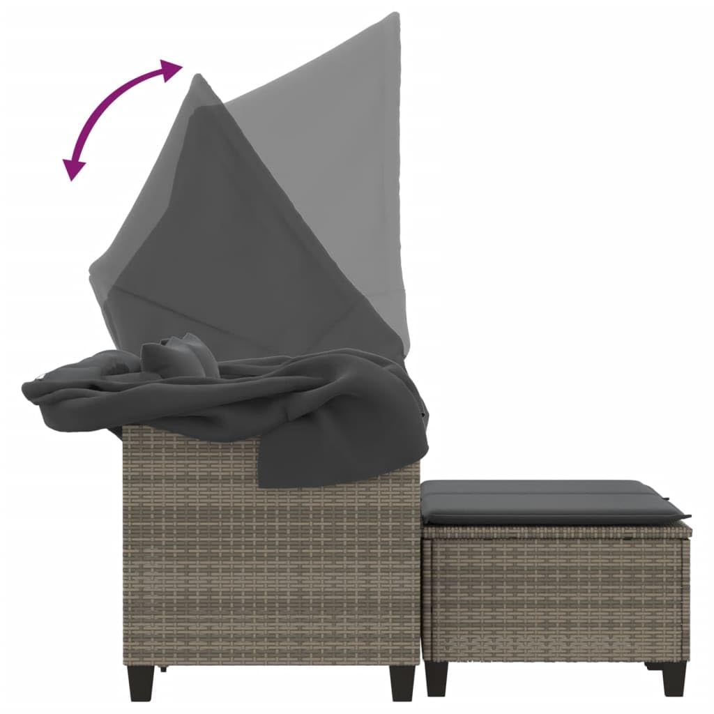 HUAKEHOM Gartensofa 2-Sitzer mit Dach und Hockern Outdoor Sofa Gartenmöbel Garten Lounge Set Terrasse Terrassenmöbel Zweisitzer Grau Poly Rattan