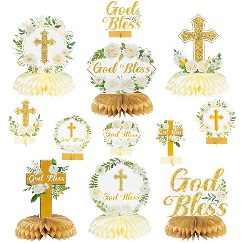 Image of ANGOLIO White Gold Floral Honeycomb Centerpieces - 12Pcs Cross Rose Greenery God Bless Baptism Party Decoration Baby Shower First Communion Birthday Party Supplies for Boy Girl 3D Wedding Table Topper