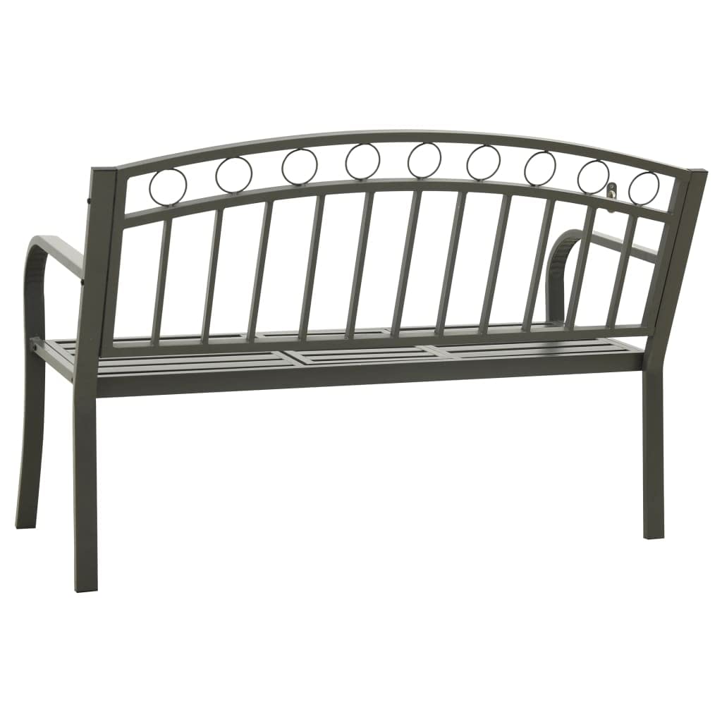 Graue Gartenbank mit integriertem Tisch, 120 cm breit, aus robustem, pulverbeschichtetem Stahl, ideal für Outdoor-Terrasse, Gartenmöbel im Außenbereich, Bequeme Sitzgelegenheit.