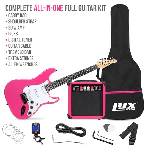 Image of LyxPro 39 inch inch Full Size Electric Guitar with 20w Amp, Package Includes All Accessories, Digital Tuner, Strings, Picks, Tremolo Bar, Shoulder Strap, and Case Bag Complete Beginner Starter kit - Pink