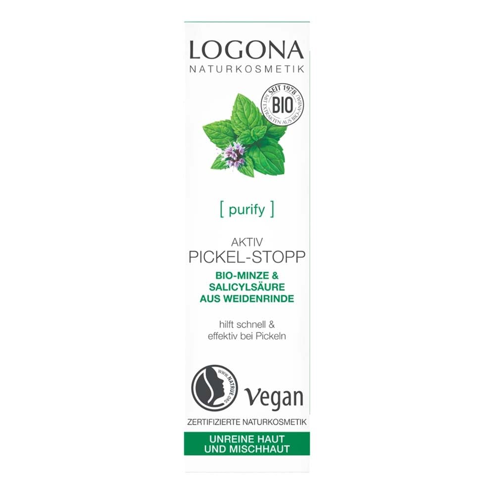 Bioaktywny preparat do zwalczania pryszczy marki Logona, naturalny kosmetyk do zanieczyszczonej skóry i skóry mieszanej, mięty ekologicznej i naturalnego kwasu salicylowego z kory wierzbowej, szybka pomoc w zwalczaniu pryszczów, naturalny i wegański, 6 ml