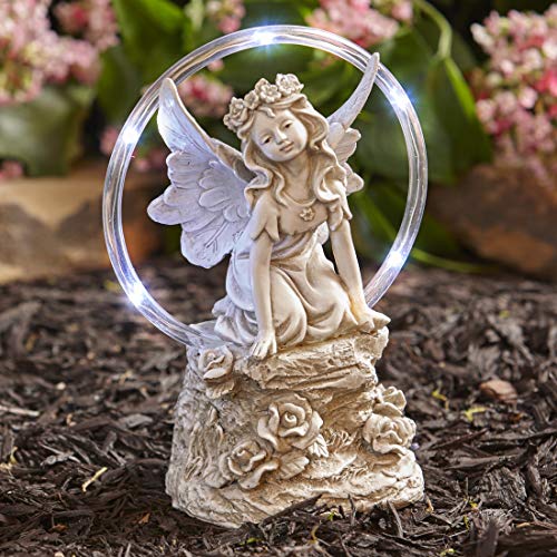 The Lakeside Collection Ceramic Kneeling Angel Garden Statue with Solar Lighted Halo Accent
