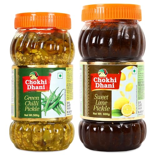 Chokhi Dhani Pickle Combo – Green Chilli Pickle 500g & Sweet Lime Pickle 600g | Authentic Indian Achaar Combo | Spicy Hari Mirch & Khatta Meetha Nimbu Pickle | No Artificial Flavours