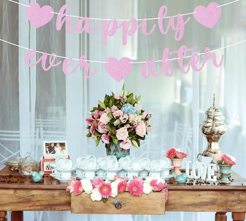 Image of Pre-Strung Happily Ever After Banner - Pink Glitter Bachelorette Bridal Engagement Party Decoration Supplies, Bachelorette Wedding Party Banner for Engagement, Bridal Shower, Wedding Party Photo Booth Props