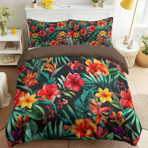 Housse de couette jungle 240x260 cm avec taies d'oreiller imprimées fleurs