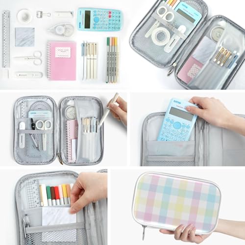 Image of Pastel Gingham Marble Pencil Bag Case Zipper Pencil Holder Organizer Stationary Pen Bag Cosmetic Makeup Bag Pouch Purse for School Office Supplies