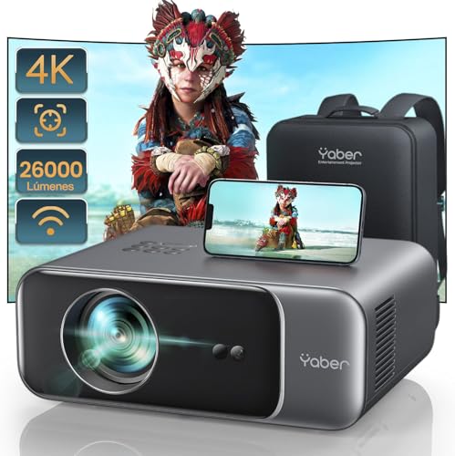 【Auto Focus/Keystone】Proyector WiFi Bluetooth 4K Soporte,26000 Lúmenes YABER Proyector WiFi6 Full HD 1080P Nativo Proyector Portátil Cine en Casa/Exterior para Movil/iOS/Android/TV Stick/PS5 HDMI USB