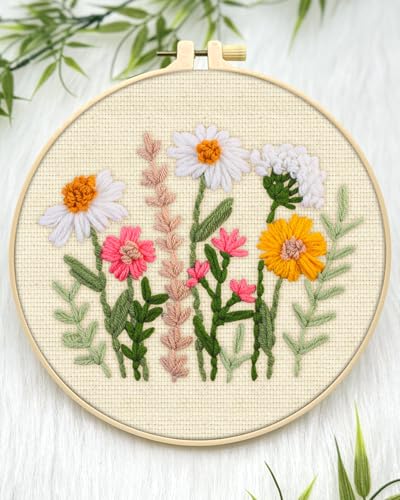 Image of ERKOON Punch Needle Kit Adults Beginners, 2 Pcs DIY Easy Flower Embroidery Set for Starter Art Craft, Needling Punching Project with Patterns, Tools, Yarns, Hoop, Instruction (Daisies)