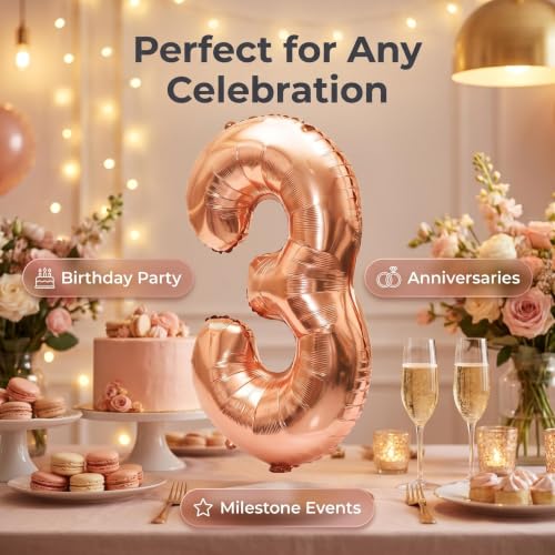 Image of YPSelected 32 Inch Large Foil Helium Number Balloon Birthday Wedding Party 0-9 (Rose Gold, 3)
