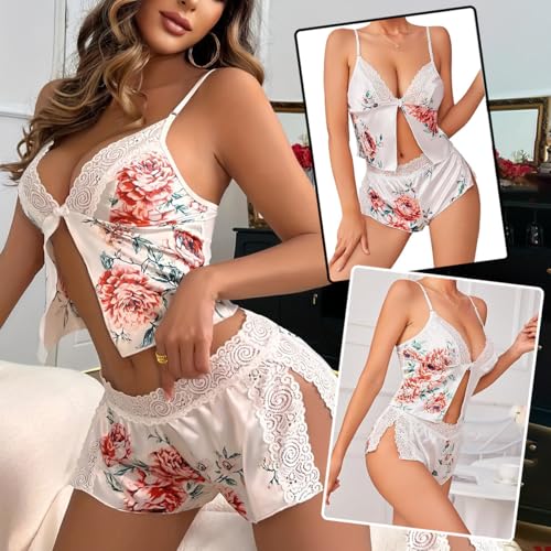 Schlafanzug Damen Sexy Pyjama Set Spitzen V-Ausschnittherz mit Kurzer Spitzen Schlitzhose Damen Kurz Sexy Nachtwäsche Damen Kurz Schlafanzug – Bild 2
