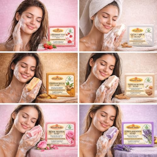Image of Khadi Organic and Natural Handmade Bathing Soap for Men & Women By Bhudevam Naturals | Assorted Herbal & Chemical-Free Face and Body Soap for Gentle Cleansing & Healthy Skin (Assorted Bathing Soap (Pack of 6))