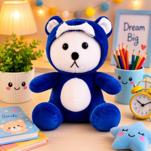 Image of Plush Teddy Bear with Blue Hoodie, Soft Stuffed Animal, White and Navy Blue 25 cm