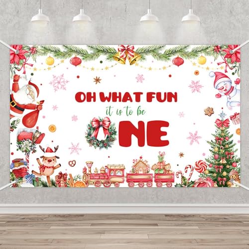 MEHOFOND Christmas 1st Birthday Backdrop Banner, Oh What Fun It is to Be One Party Supplies, First Birthday Xmas Tree Santa Gifts Snowman Christmas Party Decorations, Photo Props 70.8x43.3Inch