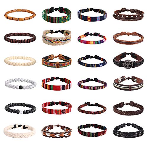Finrezio 24 Pcs Braided Bracelet Set Men Women Handmade Jewelry String Beads Leather Wristbands Boho Ethnic Tribal Linen Hemp Cords Wrap Bracelets