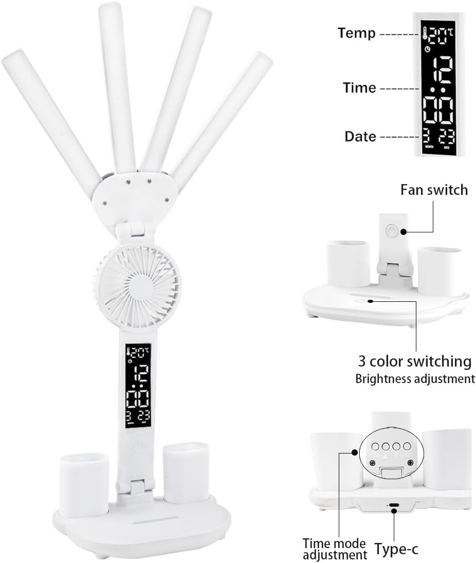 Led Desk Lamp with Fan Study Light with Clock, Adjustable Foldable Table Lamp with Pen Holder, 3 Brightness Levels, USB Charging Port