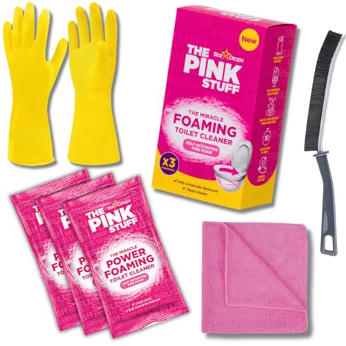 The Pink Stuff Miracle Toilet Cleaning Bundle - Includes 3 Sachets of The Pink Stuff Miracle Power Foaming Toilet Cleaner, Narrow Gap Brush, Microfibre Cloth, and Household Rubber Gloves