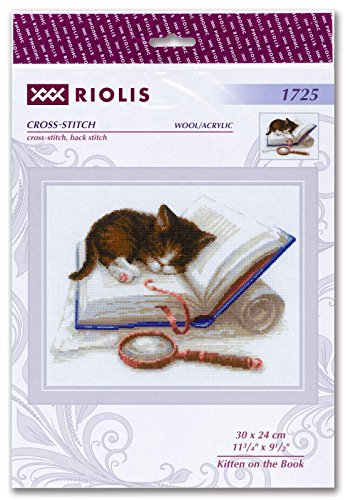 Image of RIOLIS - Kitten on the Book 1725, Cat Lovers Cat Cross Stitch Kits 11,81 inch x9,45, Cross Stitch Kits for Beginners & Advanced, Crossstitching Kits Adult, Counted Stitching Kits, Kitten Embroidery Kit