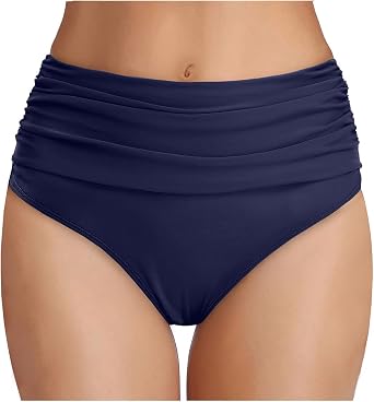 Womens High Waisted Bikini Bottom Tummy Control Ruched Bathing Suit Bottom | Full Coverage, Full Lining, Retro, Shirred