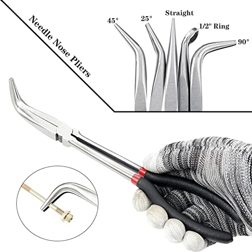 Qisf 5 Piece Long Reach Pliers Set - 11Inch Long Needle Nose Pliers Sets Include Straight, 25, 45, 90-Degree Angle And Circle Pliers - Permits Access To Most Confined Or Hard-To-Reach Narrow Areas #TOP3